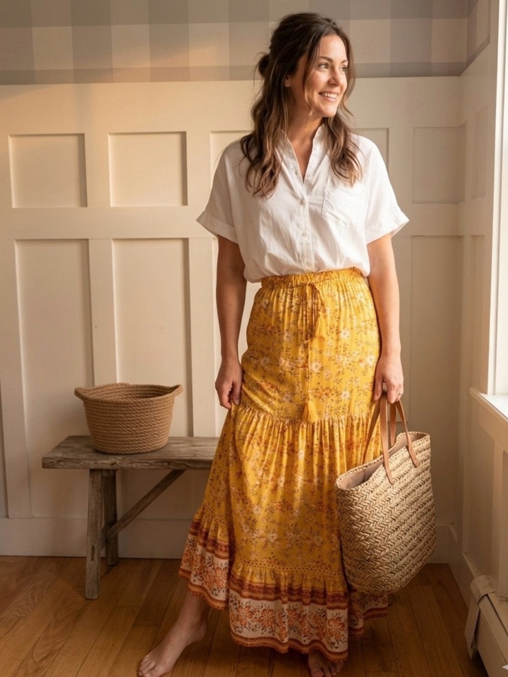 Solitaire Yellow Floral Tiered Maxi Skirt